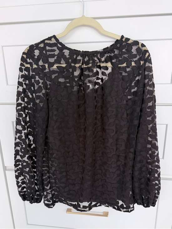 Anne Klein Tops - Anne Klein Black Sheer Textured Long-Sleeve Top with Subtle Pattern